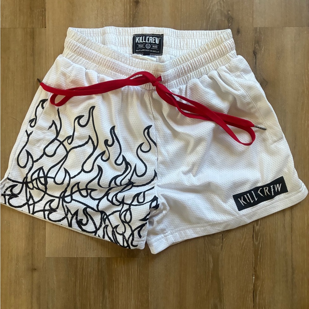 Kill Crew White Shorts with Black Flames and Red Accents